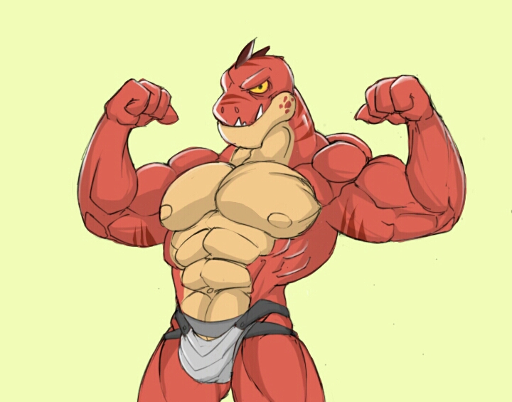 abs anthro biceps clothing dagantfus_(artist) digital_media_(artwork) dinosaur flexing looking_at_viewer male mostly_nude muscular muscular_male navel nipples pecs reptile reptillus_maximus scalie sharp_teeth simple_background solo standing stripes teeth toy_story underwear