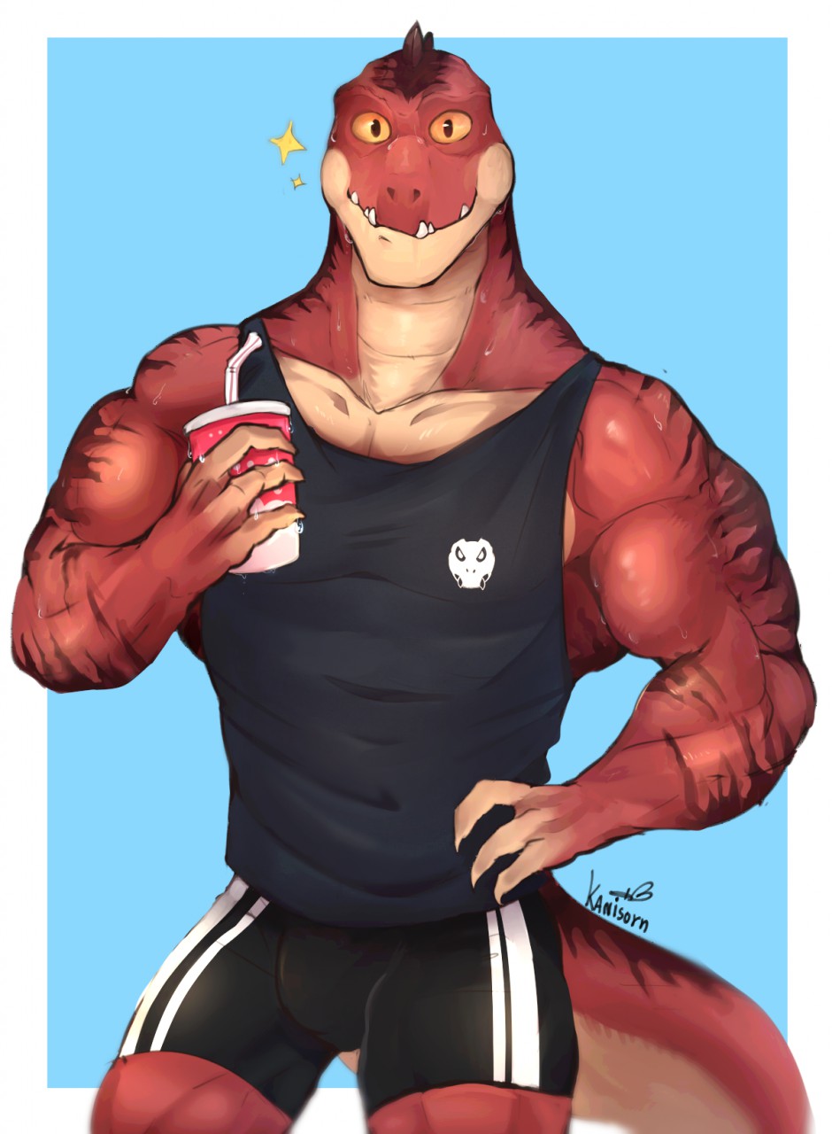 beverage biceps bulge clothing digital_media_(artwork) dinosaur hand_on_hip kanisorn looking_at_viewer male muscular muscular_male pecs reptile reptillus_maximus scalie sharp_teeth shirt shorts simple_background smile solo standing stripes sweat tank_top teeth toy_story yellow_sclera