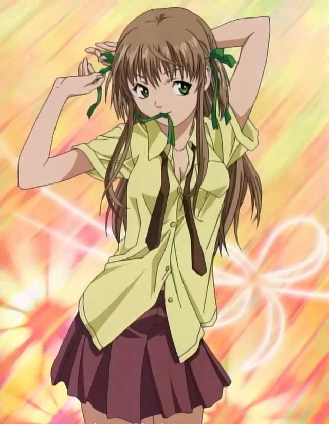 azusagawa_tsukino breasts brown_hair cleavage dressing green_eyes hair_ribbon long_hair mouth_hold necktie ribbon school_uniform screencap skirt small_breasts solo stitched third-party_edit undone_necktie yakitate!!_japan