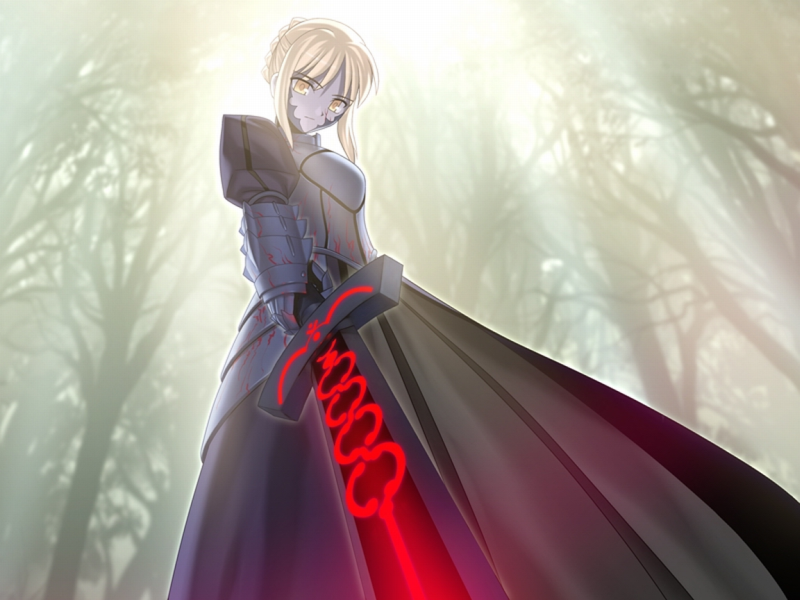 armor armored_dress artoria_pendragon_(all) blonde_hair dark_excalibur dress fate/stay_night fate_(series) game_cg saber_alter solo spoilers standing sword takeuchi_takashi weapon
