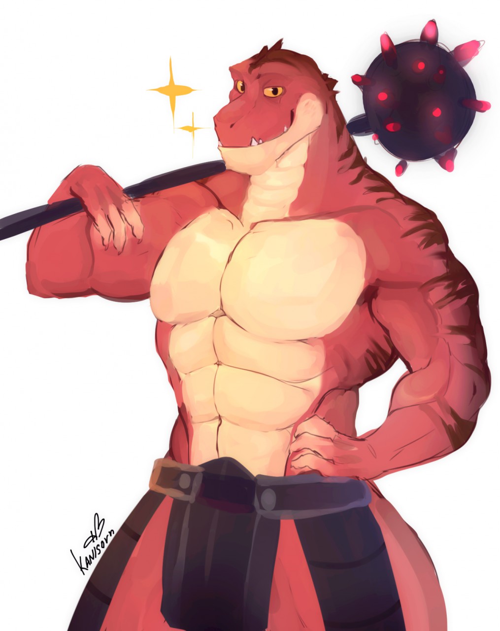 abs anthro biceps claws digital_media_(artwork) dinosaur hand_on_hip kanisorn looking_at_viewer mace male melee_weapon muscular muscular_male pecs reptile reptillus_maximus scalie sharp_claws simple_background smile solo standing toy_story weapon yellow_sclera