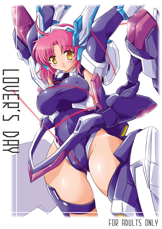 breasts cable cameltoe cover cover_page covered_nipples crueltear elbow_gloves gloves large_breasts mecha_musume pink_hair red_string solo string trigger_heart_exelica yukitaka