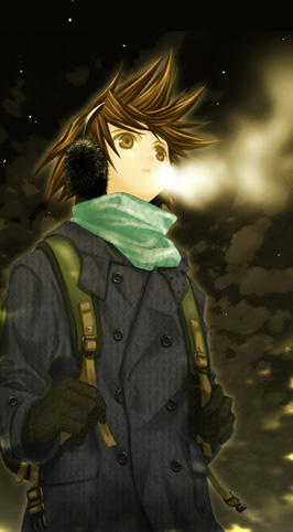 breath brown_background brown_eyes brown_hair copyright_request earmuffs long_sleeves lowres scarf solo takumi_namuchi winter