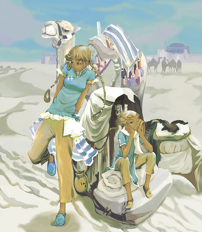 1girl animal artist_request blonde_hair blue_sky braid camel dark_skin day desert green_eyes hands_on_own_cheeks hands_on_own_face long_hair looking_at_viewer luggage original outdoors pants silhouette sitting sky slippers smile twin_braids