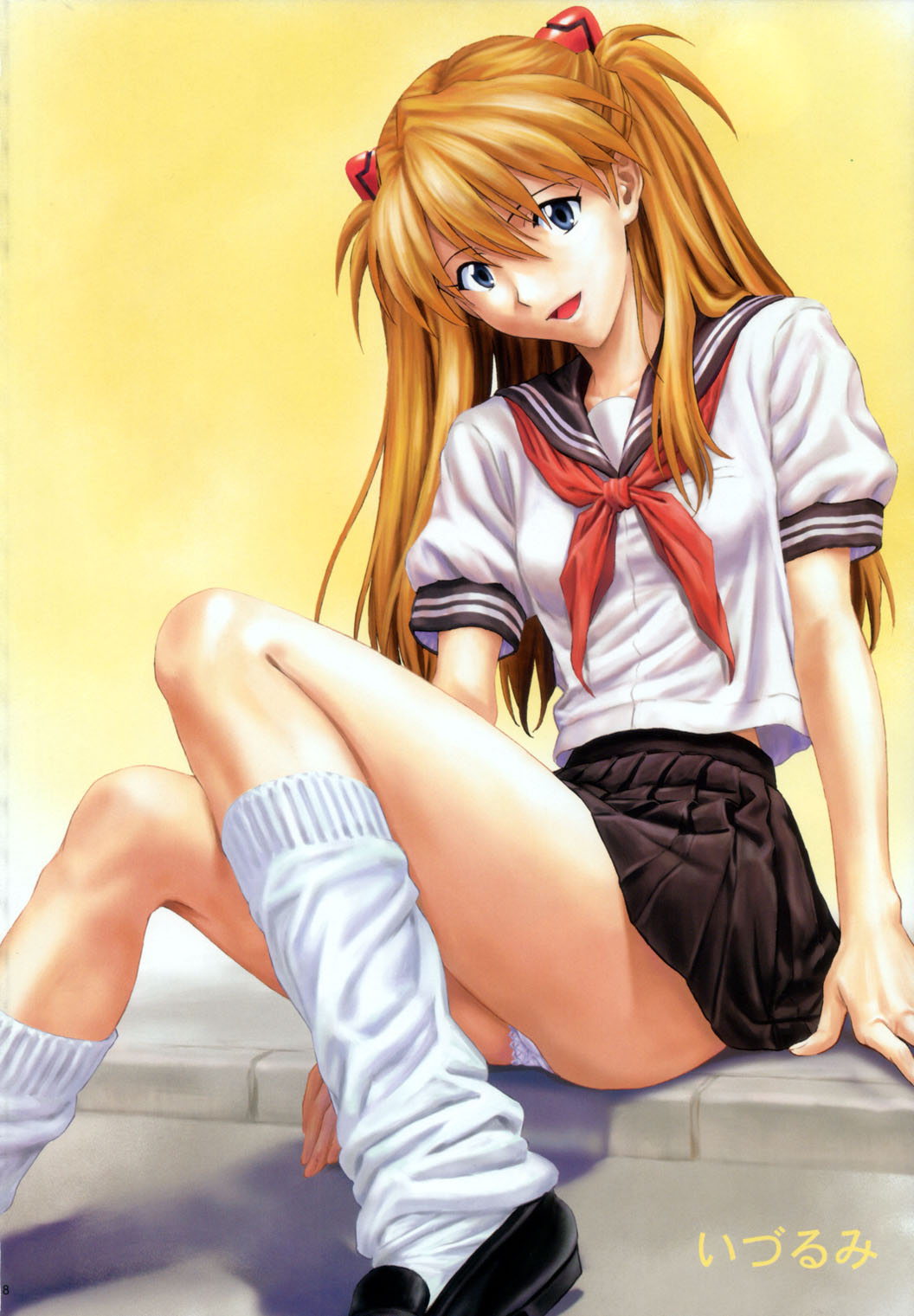 highres izurumi lace lace-trimmed_panties long_hair long_legs loose_socks miniskirt neckerchief neon_genesis_evangelion non-web_source panties pantyshot pantyshot_(sitting) pleated_skirt school_uniform serafuku shoes sitting skirt socks solo souryuu_asuka_langley underwear white_legwear white_panties