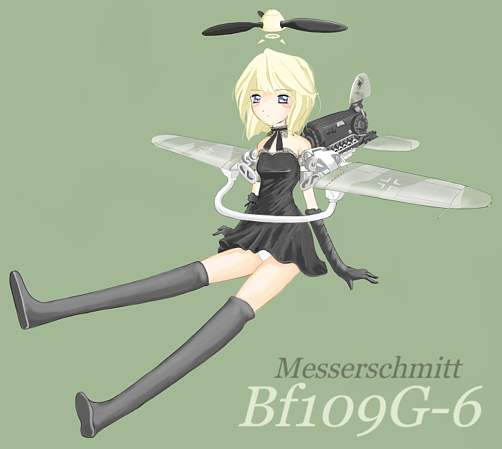 bf_109_(personification) blonde_hair blue_eyes dress elbow_gloves gloves gothic lace mecha_musume military nano original panties solo thighhighs underwear white_panties world_war_ii