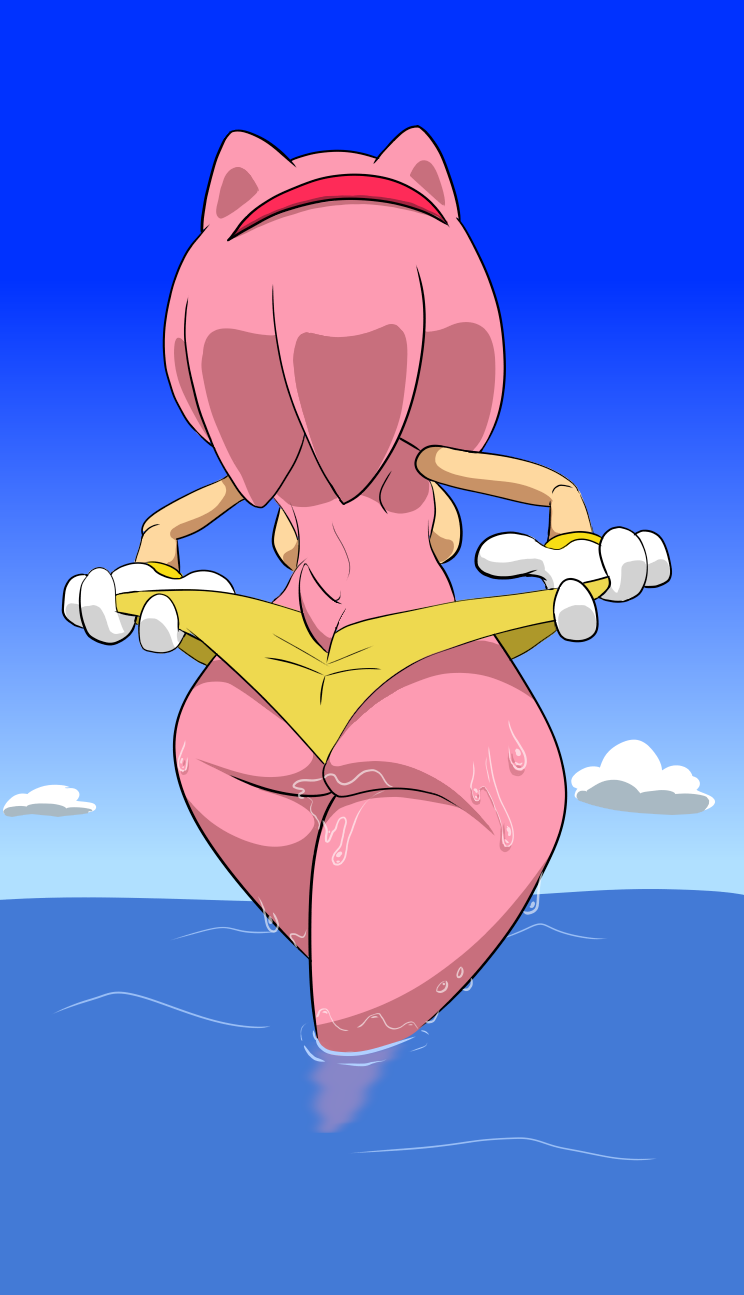 4_fingers amy_rose back_boob big_butt bikini blue_sky breasts butt clothed clothing cloud eulipotyphlan female hair hairband hedgehog mammal panties panty_pull partially_submerged parumpi_(artist) pink_hair rear_view sea sky solo sonic_(series) sweat swimsuit thick_thighs thong topless underwear water wet wide_hips