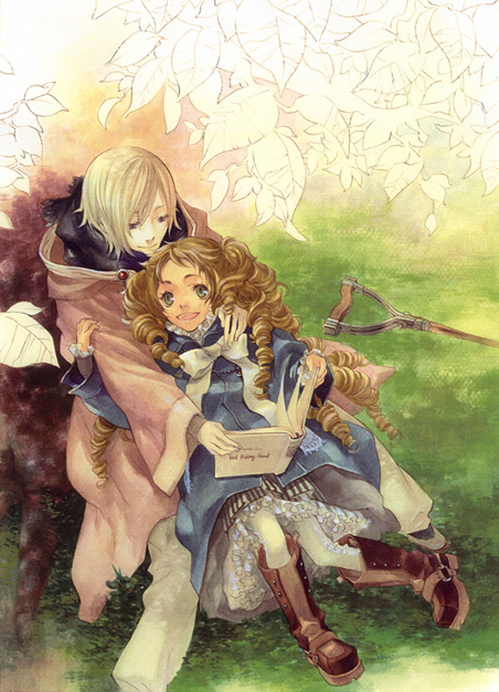 1girl against_tree arm_grab artist_request book boots bow coat crutch drill_hair frills from_above grass hug leaf long_hair long_sleeves looking_up original outdoors petticoat reading ribbon sitting smile tree very_long_hair white_legwear