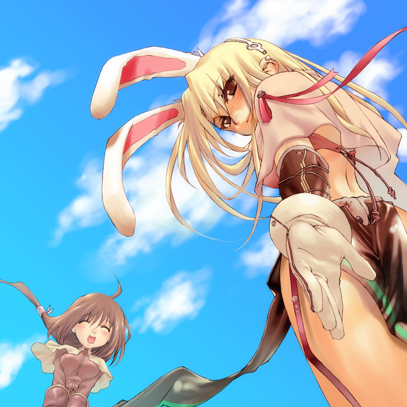 acolyte animal_ears blonde_hair bunny_ears cloud day fake_animal_ears from_below gloves hands long_hair long_sleeves looking_back mage_(ragnarok_online) morii_shizuki multiple_girls open_mouth outstretched_arm outstretched_hand pelvic_curtain ragnarok_online reaching sky v_arms