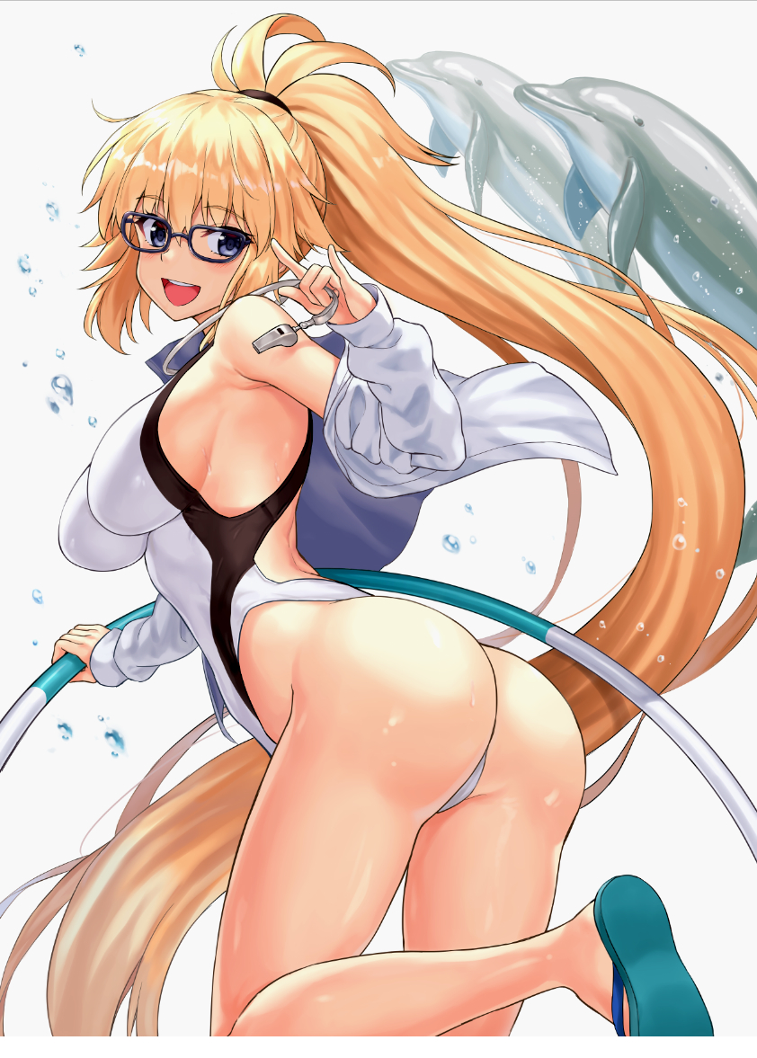1girl \m/ antenna_hair arched_back armpit_crease ass back bangs bare_legs bare_shoulders black-framed_eyewear blonde_hair blue_eyes blue_footwear blush breasts competition_swimsuit dolphin eyebrows_visible_through_hair fate/grand_order fate_(series) flip-flops from_side glasses groin hair_between_eyes hair_tie hand_up happy high_ponytail highleg highleg_swimsuit holding hoop impossible_clothes impossible_swimsuit jacket jeanne_d'arc_(fate)_(all) jeanne_d'arc_(swimsuit_archer) large_breasts leaning_forward leg_lift long_hair long_ponytail long_sleeves looking_at_viewer looking_to_the_side npcpepper off_shoulder one-piece_swimsuit one-piece_thong open_clothes open_jacket open_mouth outstretched_arm ponytail round_teeth sandals shiny shiny_hair sideboob sidelocks simple_background sleeves_past_wrists smile standing standing_on_one_leg swimsuit teeth thighs thong upper_teeth very_long_hair water_drop whistle whistle_around_neck white_jacket white_swimsuit