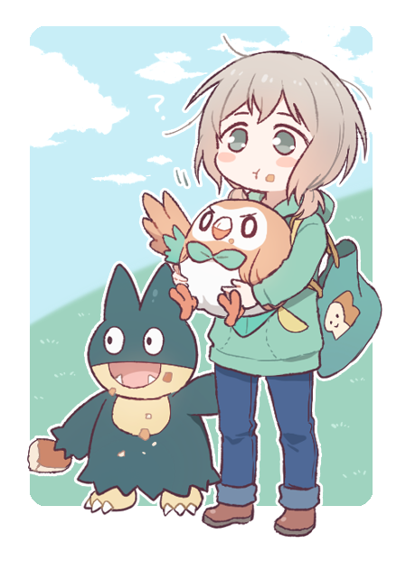 (o)_(o) 1girl :t ? aoba_moka bag bang_dream! blush_stickers bread brown_footwear creatures_(company) crossover denim eating fangs food food_on_face food_print game_freak gen_4_pokemon gen_7_pokemon green_eyes green_hoodie grey_hair holding holding_pokemon jeans munchlax nintendo o_o outline pants pokemon pokemon_(creature) re_ghotion rowlet short_hair short_twintails standing twintails white_outline