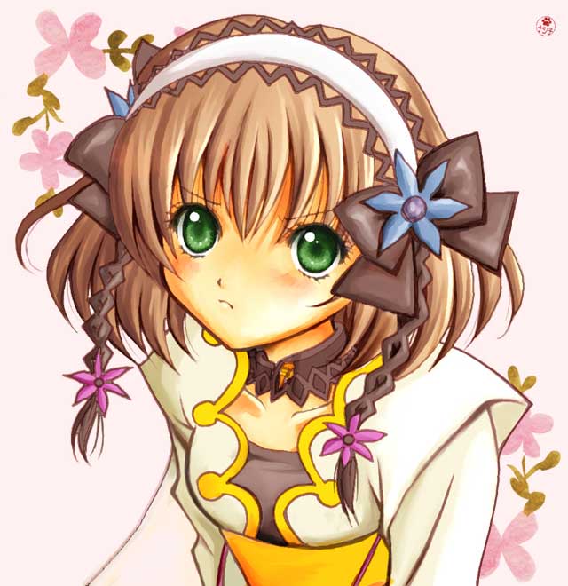 1girl artist_request bangs blush bodysuit bow breasts brown_hair detached_collar flower frown green_eyes hair_ornament hair_ribbon headband jacket leia_rolando looking_at_viewer medium_breasts pout ribbon short_hair tales_of_(series) tales_of_xillia traditional_media watercolor
