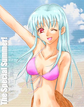 aqua_hair artist_request bikini day hat kula_diamond long_hair lowres red_eyes snk solo swimsuit the_king_of_fighters