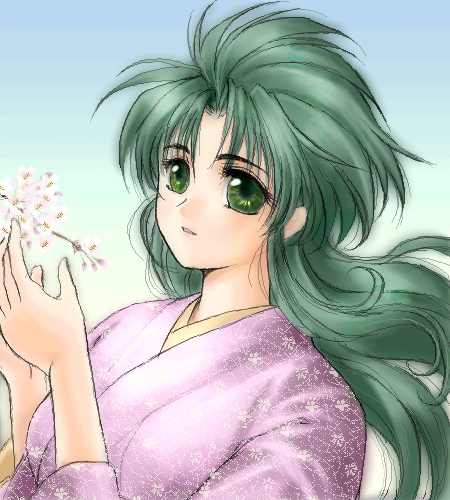 cherry_blossoms flower green_eyes green_hair japanese_clothes jochuu-san kimono long_hair long_sleeves lowres oekaki original solo upper_body yagisaka_seto