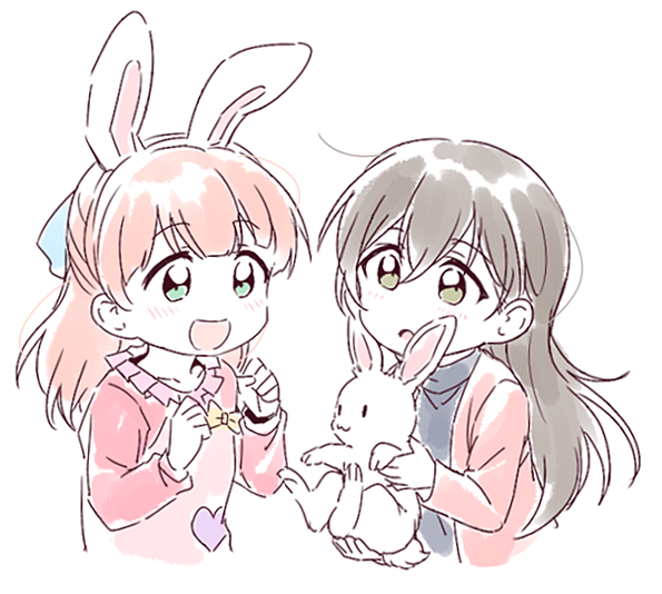 2girls :3 :d :o alternate_hairstyle animal animal_ears bang_dream! bangs black_hair black_shirt bow bunny bunny_ears clenched_hands frilled_shirt_collar frills green_eyes half_updo hanazono_tae hands_up heart holding holding_animal jacket long_hair multiple_girls open_mouth pink_hair pink_jacket raglan_sleeves re_ghotion shirt simple_background smile uehara_himari upper_body white_background yellow_bow younger