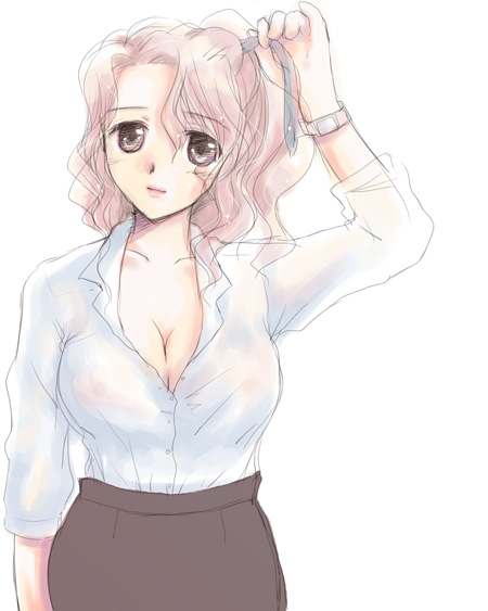 artist_request blouse breasts brown_eyes cleavage curly_hair large_breasts long_hair long_sleeves original pink_hair ponytail shirt simple_background smile solo white_background