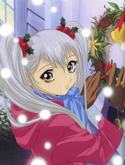 90s bangs bell brown_gloves bush christmas christmas_wreath closed_mouth coat from_side gloves grey_hair hair_ornament holly_hair_ornament hood hood_down hooded_coat hoshino_ruri kidou_senkan_nadesico lavender_scarf long_hair long_sleeves looking_at_viewer looking_to_the_side matsuda_tsuyoshi official_art outdoors pom_pom_(clothes) scan scarf smile snowing solo standing third-party_source twintails upper_body winter winter_clothes winter_coat yellow_eyes