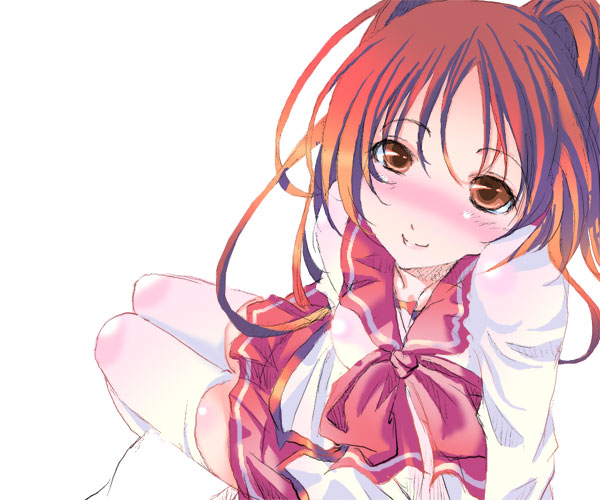artist_request blush happy kousaka_tamaki long_sleeves red_eyes red_hair school_uniform solo thighhighs to_heart_2