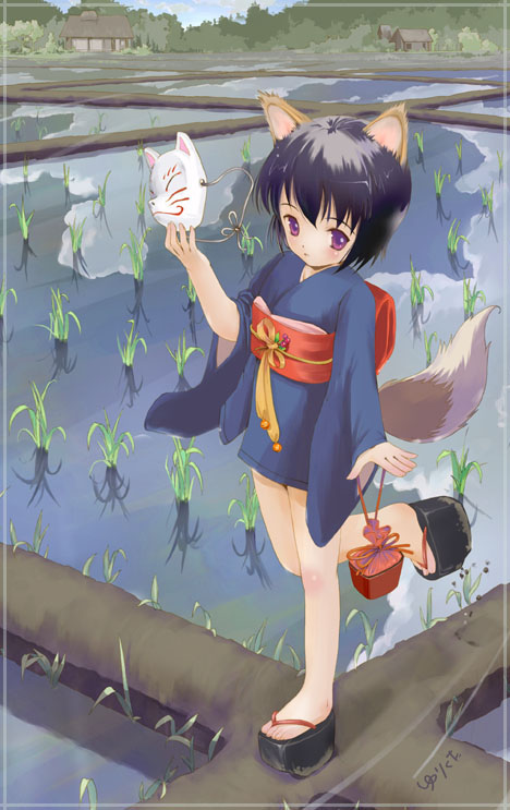 animal_ears artist_request blue_hair blue_kimono building copyright_request day farm fox_ears fox_mask holding holding_mask japanese_clothes kimono long_sleeves looking_at_viewer mask mask_removed obi outdoors platform_footwear purple_eyes rice_paddy sash short_kimono signature solo source_request wide_sleeves zouri