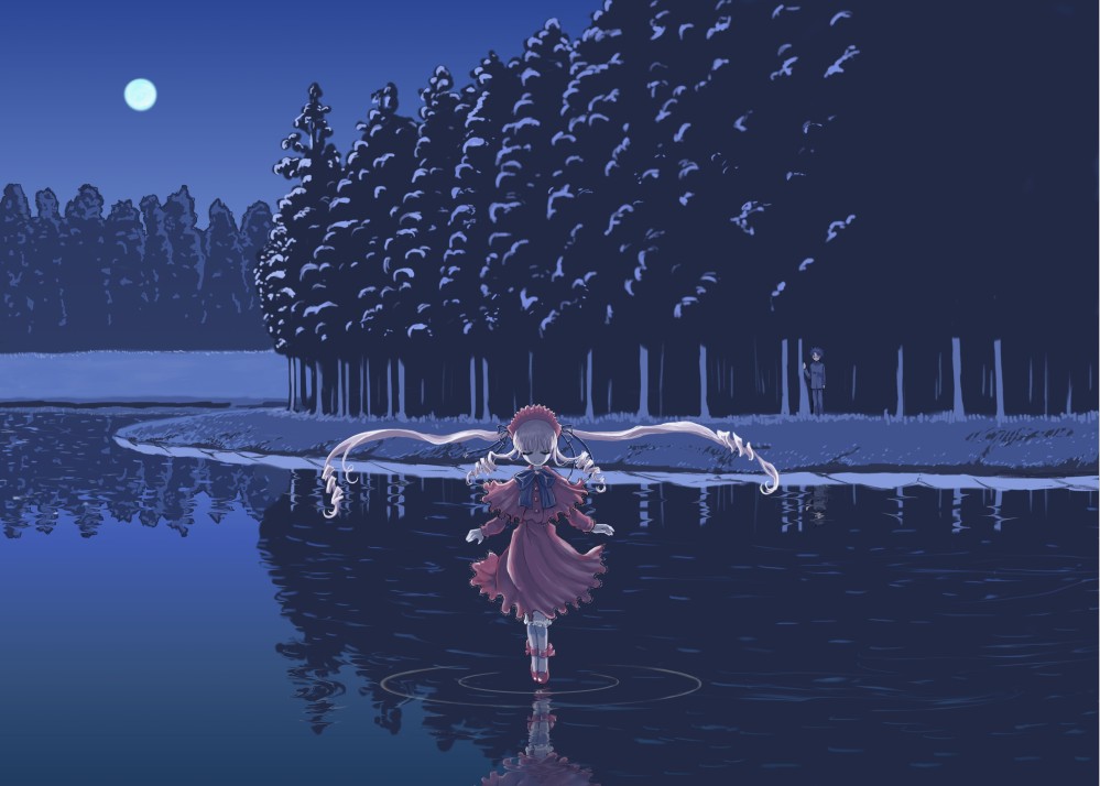1girl amano_takumi bangs blonde_hair bonnet bow bowtie capelet closed_eyes dress drill_hair floating_hair forest frills grass hat kneehighs long_hair long_sleeves looking_at_another moon nature night night_sky outdoors outstretched_arms pants red_dress red_footwear red_hat reflection ripples riverbank rozen_maiden sakurada_jun shinku shoes sky solo_focus standing standing_on_liquid tiptoes twin_drills twintails very_long_hair water white_legwear