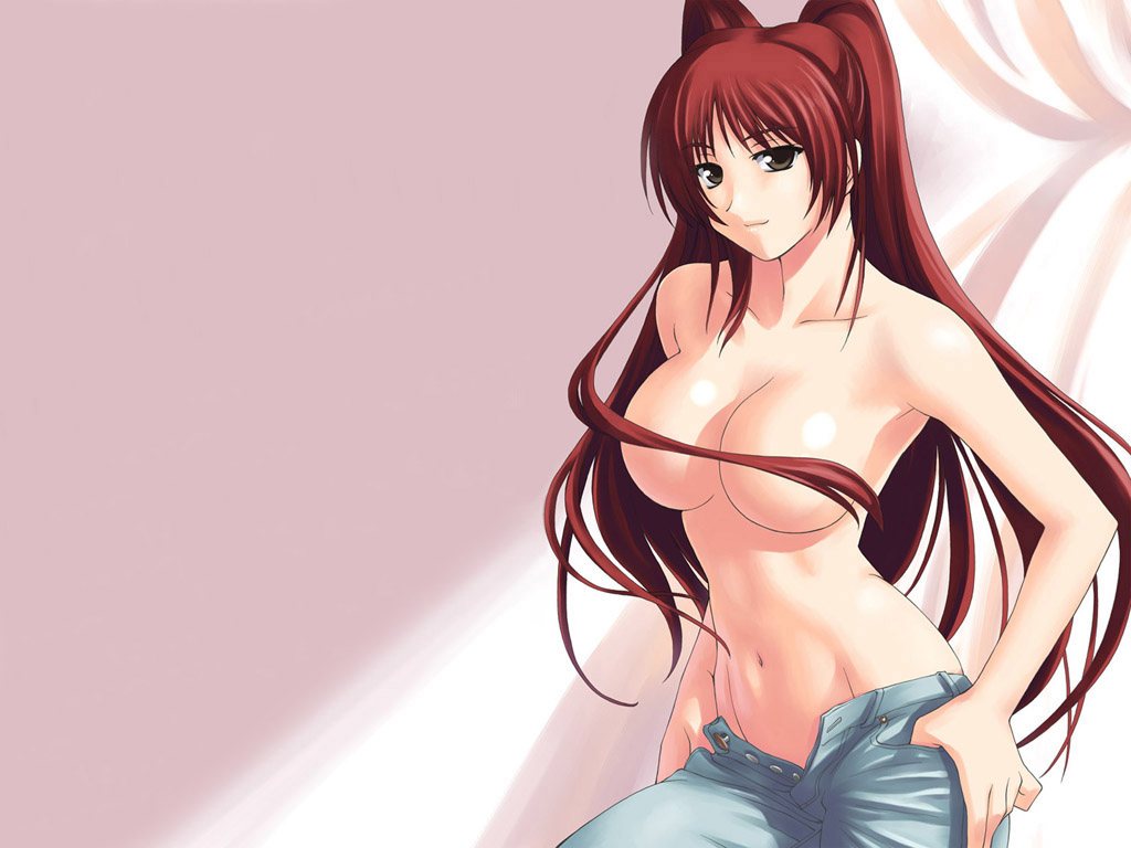 breasts brown_eyes convenient_censoring hair_censor hair_over_breasts kousaka_tamaki large_breasts long_hair red_hair solo tanaka_shoutarou to_heart_2 topless undressing upper_body wallpaper