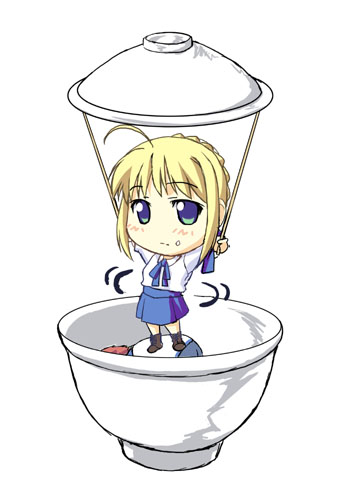 artist_request artoria_pendragon_(all) blonde_hair blouse bowl chibi emiya_shirou fate/stay_night fate_(series) food food_on_face in_bowl in_container long_sleeves lowres saber sazae-san solo