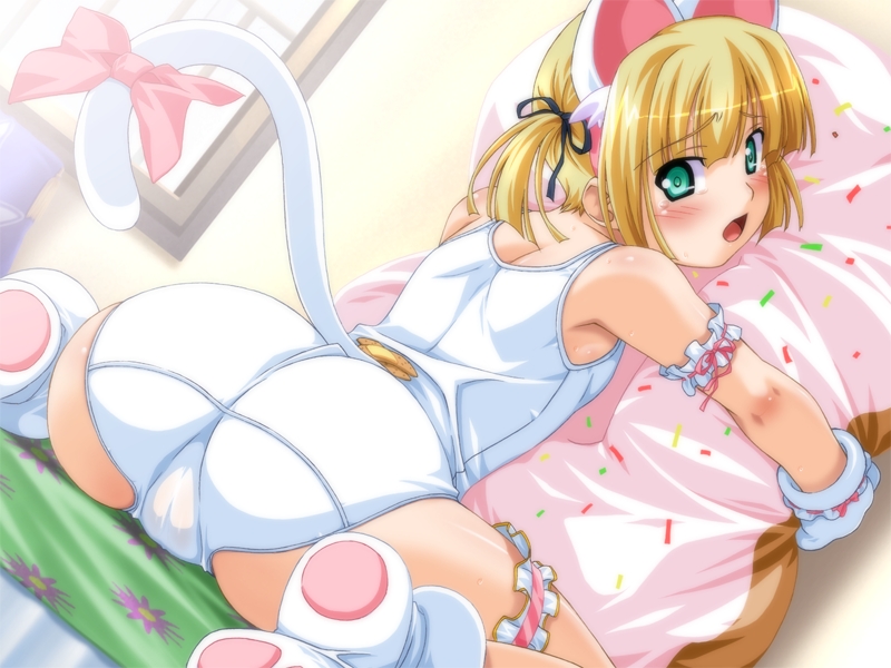 :o against_wall animal_ears aqua_eyes arm_garter armpits ass back bandaid bandaid_on_clothes bangs blonde_hair blunt_bangs blush bow cameltoe cat_ears cat_tail dutch_angle embarrassed fake_animal_ears flat_chest floral_print game_cg garters hair_ribbon head_tilt kuuchuu_yousai leukothea light looking_back megachu! one-piece_swimsuit open_mouth paws pillow pillow_hug ribbon school_swimsuit shadow short_hair short_twintails sitting solo spread_legs sweat swimsuit tail tail_bow tears twintails white_school_swimsuit white_swimsuit window