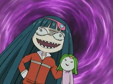 :d air_gear bangs blue_hair blunt_bangs child doll eyepatch hand_on_hip jacket long_hair long_sleeves lowres noyamano_shiraume open_mouth screencap smile solo stuffed_toy teeth track_jacket very_long_hair