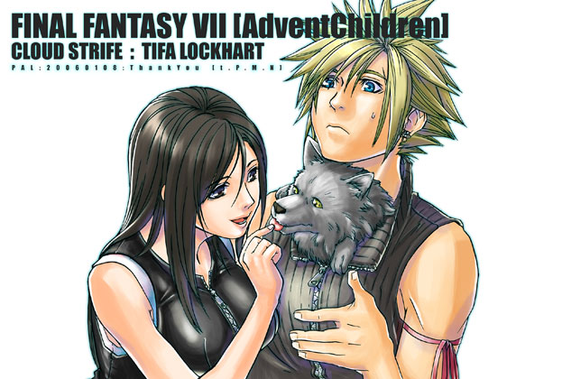 1girl animal animal_in_clothes arm_ribbon artist_request bare_arms bare_shoulders black_eyes black_hair blonde_hair blue_eyes breast_press breasts brown_hair character_name closed_mouth cloud_strife copyright_name earrings final_fantasy final_fantasy_vii final_fantasy_vii_advent_children fingernails frown jewelry large_breasts long_hair parted_lips poking ribbon simple_background sleeveless smile spiked_hair straight_hair tifa_lockhart tongue tongue_out upper_body white_background wolf zipper