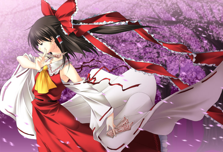 ayase_hazuki bare_shoulders bow brown_hair cherry_blossoms closed_mouth detached_sleeves expressionless hair_bow hair_ribbon hakurei_reimu holding long_sleeves ofuda petals ponytail profile ribbon short_hair solo touhou wide_sleeves