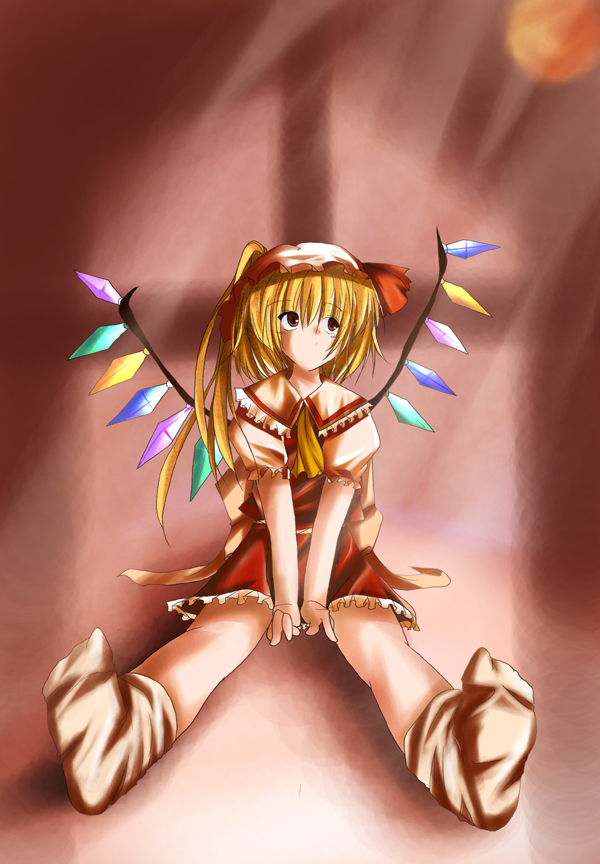 artist_request ascot blonde_hair brown_eyes expressionless flandre_scarlet frills hat long_hair moon necktie one_side_up pink_background red_moon red_skirt sitting skirt socks solo touhou v_arms wings
