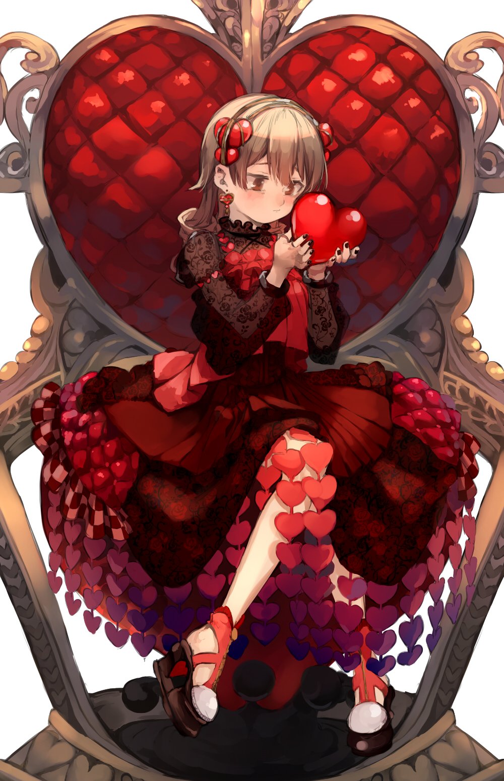 1girl :/ bangs bare_legs black_nails blush brown_eyes chair dress drill_hair earrings floral_print frilled_shirt_collar frills hairband hands_up heart heart_earrings high_heels highres holding holding_heart idolmaster idolmaster_cinderella_girls jewelry knees_together_feet_apart lace_sleeves light_brown_hair long_sleeves looking_down morikubo_nono nail_polish red_dress ringlets see-through_sleeves sitting solo symbol_commentary throne white_background yoyoyo_(dxayo)
