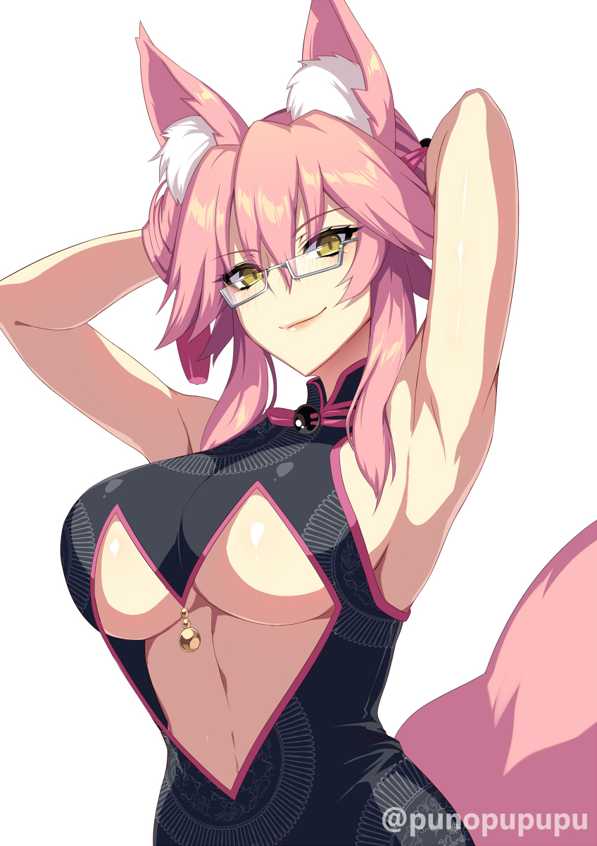 animal_ears armpits arms_behind_head arms_up bangs bare_shoulders bell black_dress blush breasts center_opening china_dress chinese_clothes closed_mouth commentary_request dress fate/grand_order fate_(series) fox_tail glasses hair_between_eyes highres jingle_bell koyanskaya large_breasts long_hair looking_at_viewer pink_hair sidelocks simple_background smile solo tail tied_hair underboob white_background yellow_eyes zeroshiki_kouichi