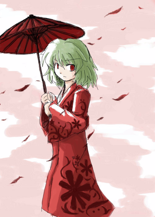 216 alternate_costume green_hair japanese_clothes kazami_yuuka kimono long_sleeves red_kimono solo touhou yukata