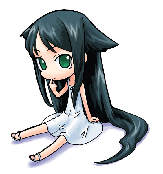 :o artist_request black_hair chibi dress eyebrows eyebrows_visible_through_hair finger_to_mouth full_body long_hair looking_at_viewer parted_lips sandals saya saya_no_uta simple_background sitting sleeveless sleeveless_dress solo white_background white_dress