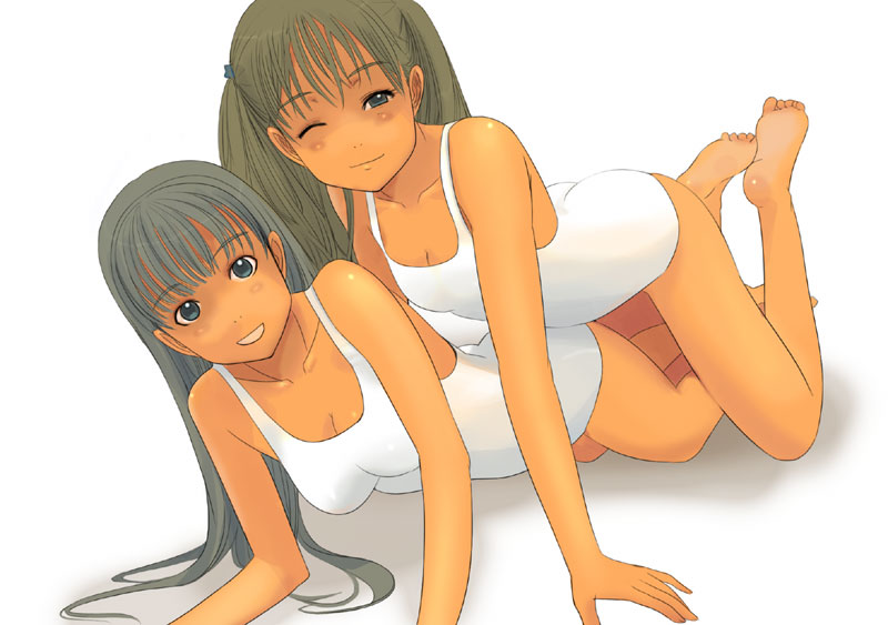 all_fours blue_eyes blue_hair breasts dutch_angle girl_on_top green_hair kiriman_(souldeep) long_hair medium_breasts multiple_girls one-piece_swimsuit one_eye_closed original school_swimsuit shadow smile swimsuit tan twintails white_background white_school_swimsuit white_swimsuit