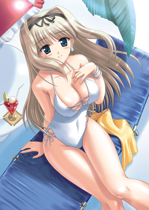 blonde_hair blue_eyes breasts casual_one-piece_swimsuit chair cleavage drink earrings hair_ribbon hand_on_own_chest jewelry kishi_nisen kusugawa_sasara large_breasts long_hair lounge_chair navel one-piece_swimsuit palm_tree ribbon sitting solo swimsuit thigh_gap to_heart_2 towel tree white_swimsuit