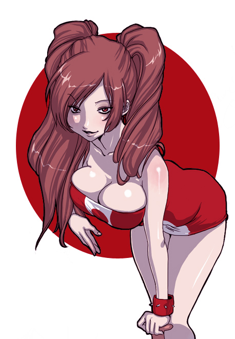 breasts brown_hair large_breasts long_hair naughty_face original red_eyes solo twintails zambi