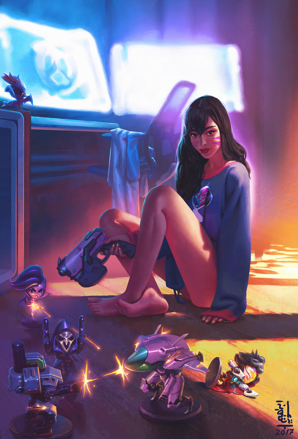 barefoot bastion_(overwatch) blood brown_hair character_doll commentary crossed_ankles d.va_(overwatch) eyebrows full_body hair_down highres ibrahem_swaid lips long_hair meka_(overwatch) monitor naked_sweater nose overwatch overwatch_(logo) reaper_(overwatch) screen_light sleeves_past_wrists solo sombra_(overwatch) starcraft sweater toes tracer_(overwatch) whisker_markings zerg_(starcraft)