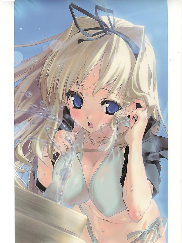 adjusting_hair bent_over bikini blonde_hair blue_eyes blush breasts cleavage covered_nipples drinking drinking_fountain hair_ribbon hanging_breasts jacket kusugawa_sasara large_breasts leaning_forward long_hair looking_at_viewer open_clothes open_jacket open_mouth ribbon side-tie_bikini solo swimsuit to_heart_2 urotan water wet wind