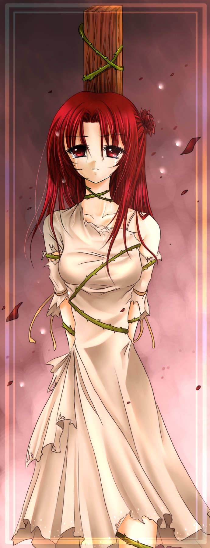 The Big ImageBoard (TBIB) - 1girl artist request bdsm bondage bound closed  mouth copyright request expressionless highres long hair plant red eyes red  hair solo tears thorns torn clothes vines | 1355985