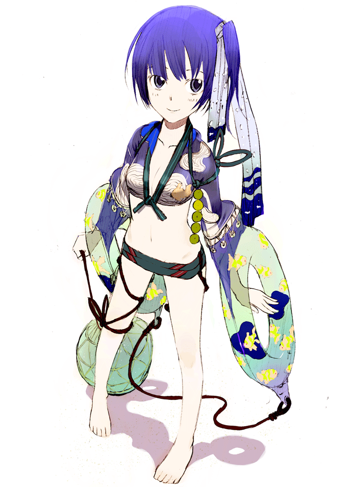 barefoot breasts cleavage from_above innertube long_sleeves navel okama original pigeon-toed purple_eyes purple_hair short_hair shorts side_ponytail small_breasts smile solo
