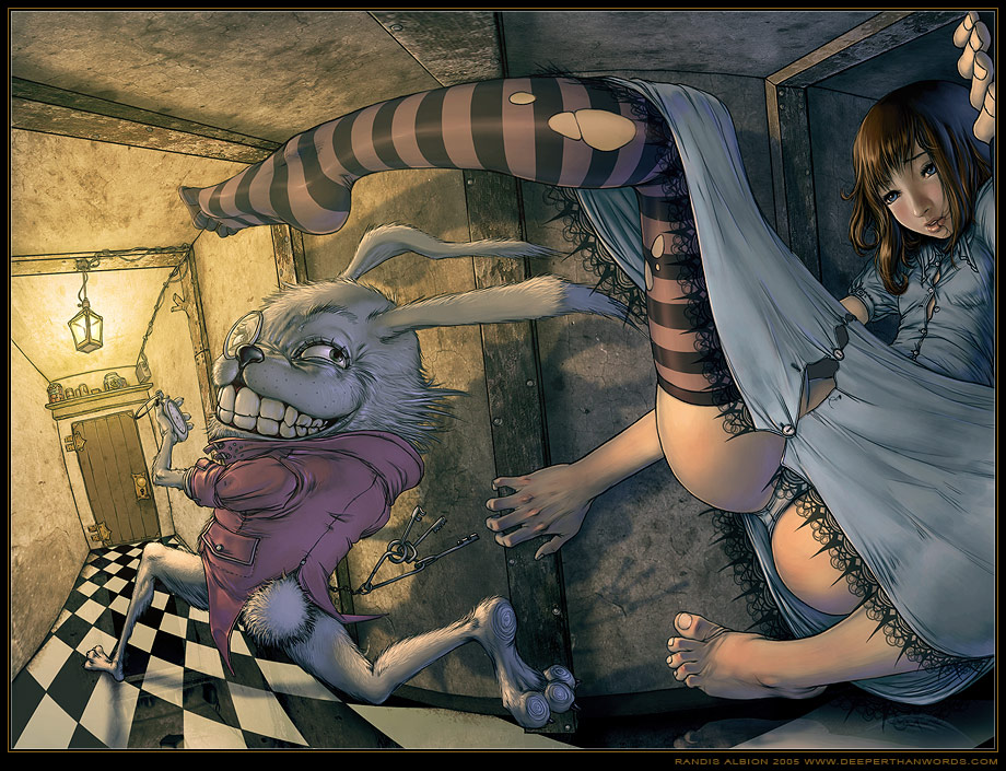 alice_(wonderland) alice_in_wonderland ass barefoot blue_dress blush brown_hair bunny checkered dress feet foreshortening grin hands lace legs monocle panties pantyshot randis single_thighhigh smile solo striped striped_legwear thighhighs torn_clothes underwear white_panties white_rabbit