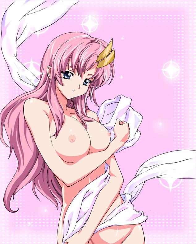 bangs blue_eyes breast_hold breasts grin groin gundam gundam_seed gundam_seed_destiny hair_ornament lacus_clyne large_breasts long_hair looking_at_viewer lux naughty_face nipples non-web_source nude parted_bangs pink_hair polka_dot polka_dot_background shawl smile solo sparkle standing