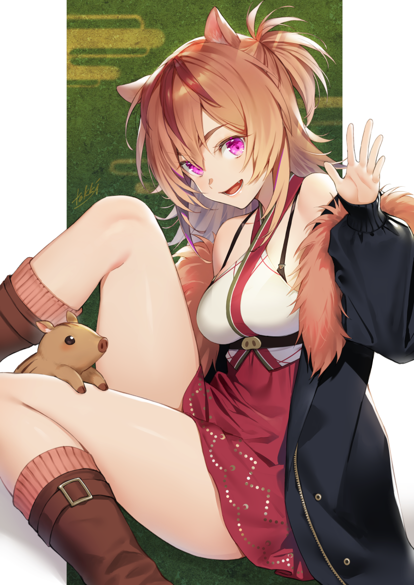 1girl :d animal_ears artist_name bangs bare_shoulders black_bra black_jacket boar bra bra_strap breasts brown_hair brown_legwear chinese_zodiac commentary_request fang feet_out_of_frame fur_collar hair_between_eyes half_updo hand_up head_tilt high-waist_skirt jacket japanese_clothes knee_up kneehighs long_hair long_sleeves looking_at_viewer medium_breasts multicolored_hair off_shoulder open_clothes open_jacket open_mouth original pig_ears puffy_sleeves purple_eyes purple_hair red_skirt sitting skirt sleeves_past_wrists smile solo streaked_hair teeth thighs tokki underwear white_background year_of_the_pig