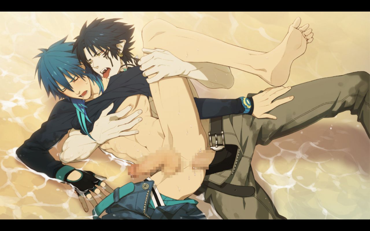 5_fingers 5_toes anal anal_penetration aoba_seragaki balls barefoot blue_hair censored clothed clothing dramatical_murder ear_piercing ear_ring eyes_closed facial_markings fingerless_gloves gloves hair human human_on_humanoid humanoid humanoid_penetrating male male/male mammal markings mosaic_censorship nipple_play nitro+chiral not_furry official_art open_mouth partially_clothed penetration penis piercing pointy_ears raised_leg ren sweat toes tongue tongue_out torao_asada water wet