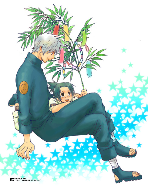 :d bandages blush branch facial_mark haruko_(chikadoh) hatake_kakashi holding leaf long_sleeves male_focus multiple_boys naruto naruto_(series) open_mouth pants parted_lips plant sandals simple_background sitting smile spiked_hair star umino_iruka vest white_background