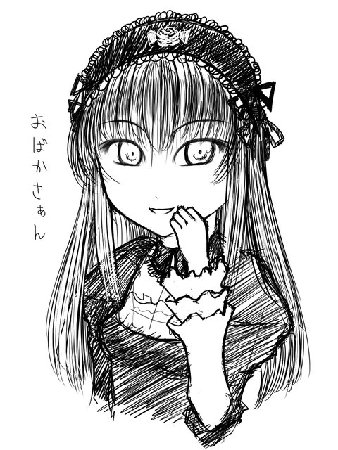 bangs evil_smile eyebrows eyebrows_visible_through_hair flower greyscale hairband lolita_hairband long_hair long_sleeves looking_at_viewer monochrome rose rozen_maiden simple_background smile solo suigintou very_long_hair white_background