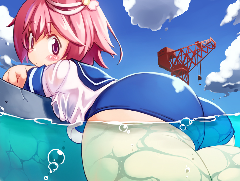 1girl air_bubble ass blue_sailor_collar blue_sky blue_swimsuit blush breasts bubble cloud cloudy_sky crane crossed_arms curvy day eyebrows_visible_through_hair hair_between_eyes hair_ornament huge_ass i-58_(kantai_collection) kantai_collection light_brown_hair looking_at_viewer looking_to_the_side neckerchief ocean one-piece_swimsuit outdoors partially_submerged pink_eyes pink_hair plump sailor_collar school_swimsuit school_uniform serafuku shipyard shirt short_hair sky small_breasts solo swimsuit swimsuit_under_clothes thick_thighs thighs wet wet_clothes white_shirt yu_3