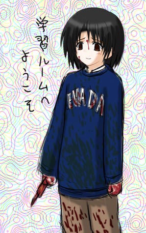 artist_request black_hair blood blood_on_face blush boxcutter brown_eyes empty_eyes hood hoodie long_sleeves lowres nevada-tan real_life real_life_insert short_hair solo translated